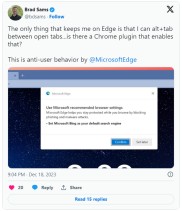 微软惹恼 Edge 浏览器用户：弹窗推荐其切换到 Bing 搜索引擎